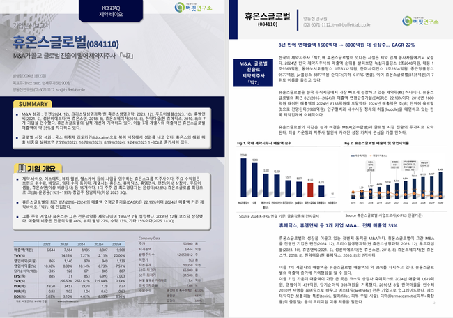 ‘휴온스글로벌, M&A·글로벌 진출로 제약지주사 빅7’…버핏연구소 독립리서치