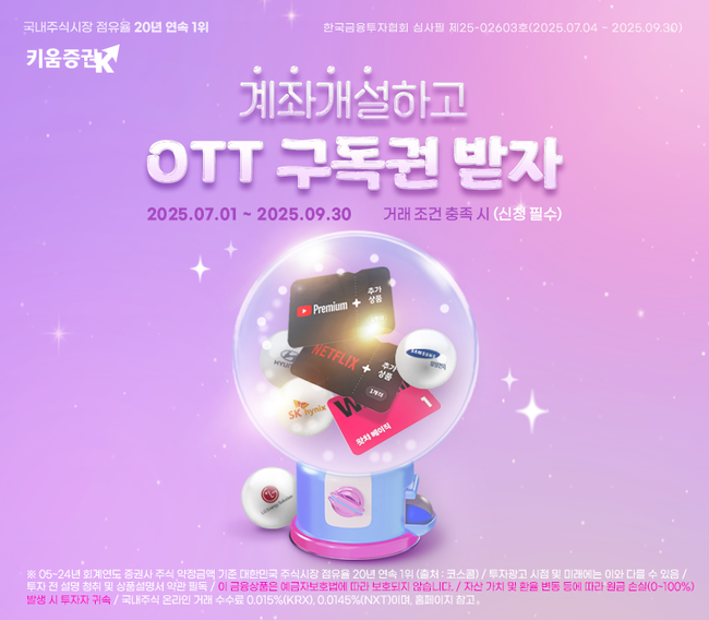 키움증권, 계좌 개설 시 국내주식 1주와 OTT 구독권 제공 실시
